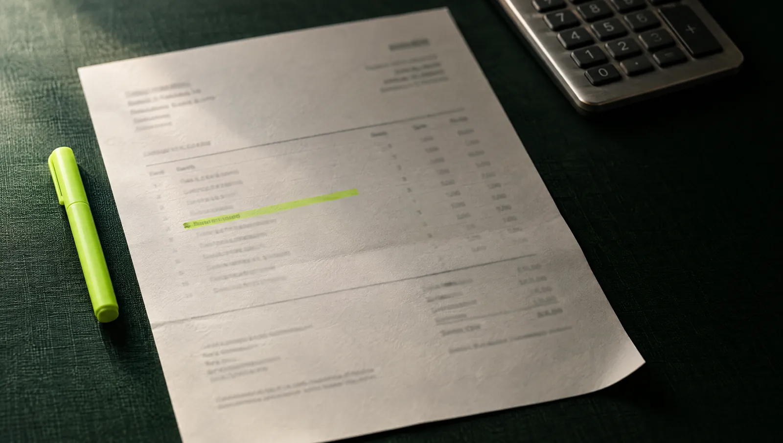 A printed waste invoice on a desk, one line marked in highlighter, beside a calculator