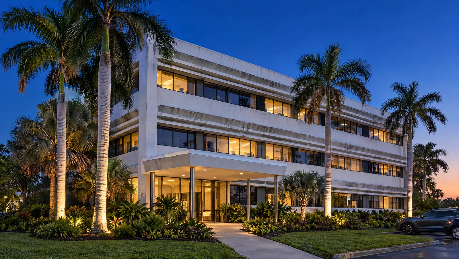 A mid-century modern Florida office building at dusk, lit windows and royal palms