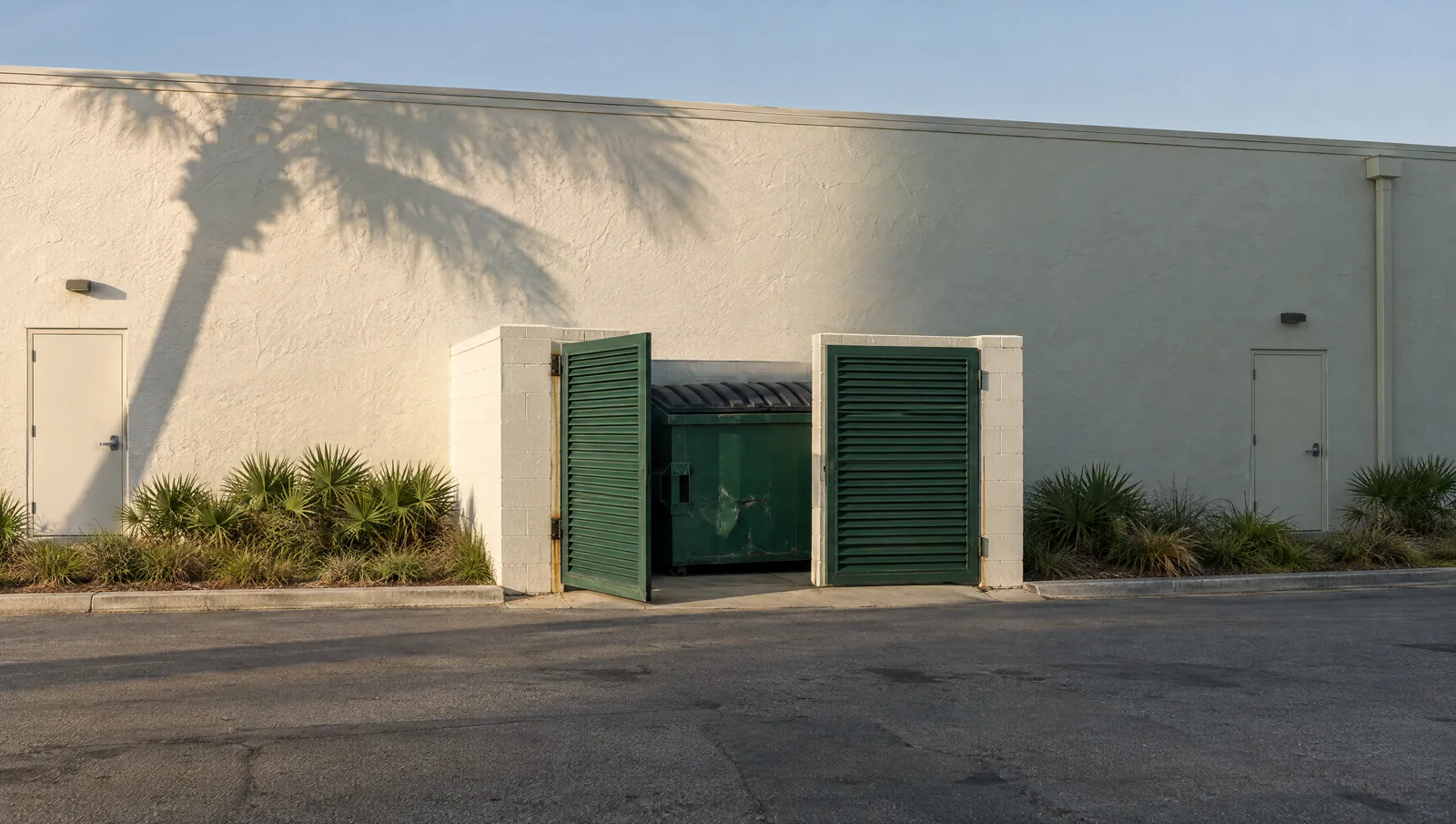 The rear service lane of a Florida retail plaza, a dumpster enclosure with green louvered gates in late afternoon sun